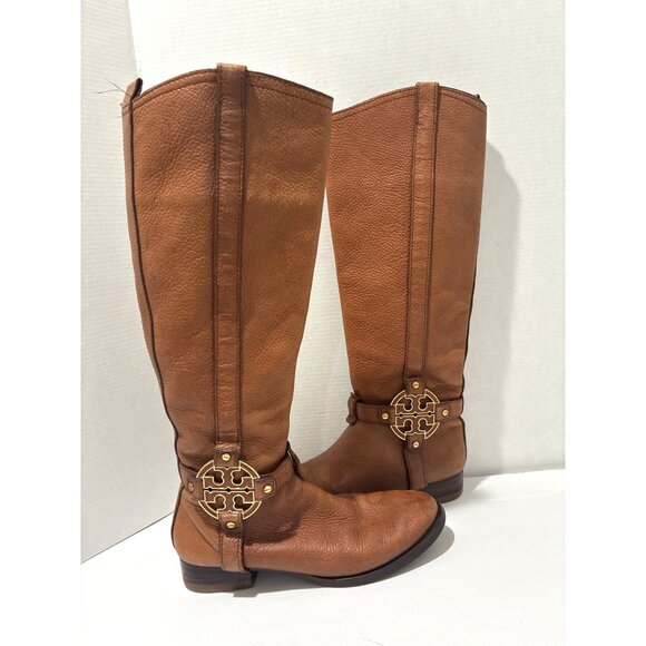 Tory Burch Brown Leather Tall Riding Women’s Boots Shoes Size 7 logo accent - Picture 2 of 12